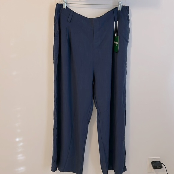 Halara High Waist Side Pocket Wide Leg Linen Feel Pants Blue - Picture 4 of 11